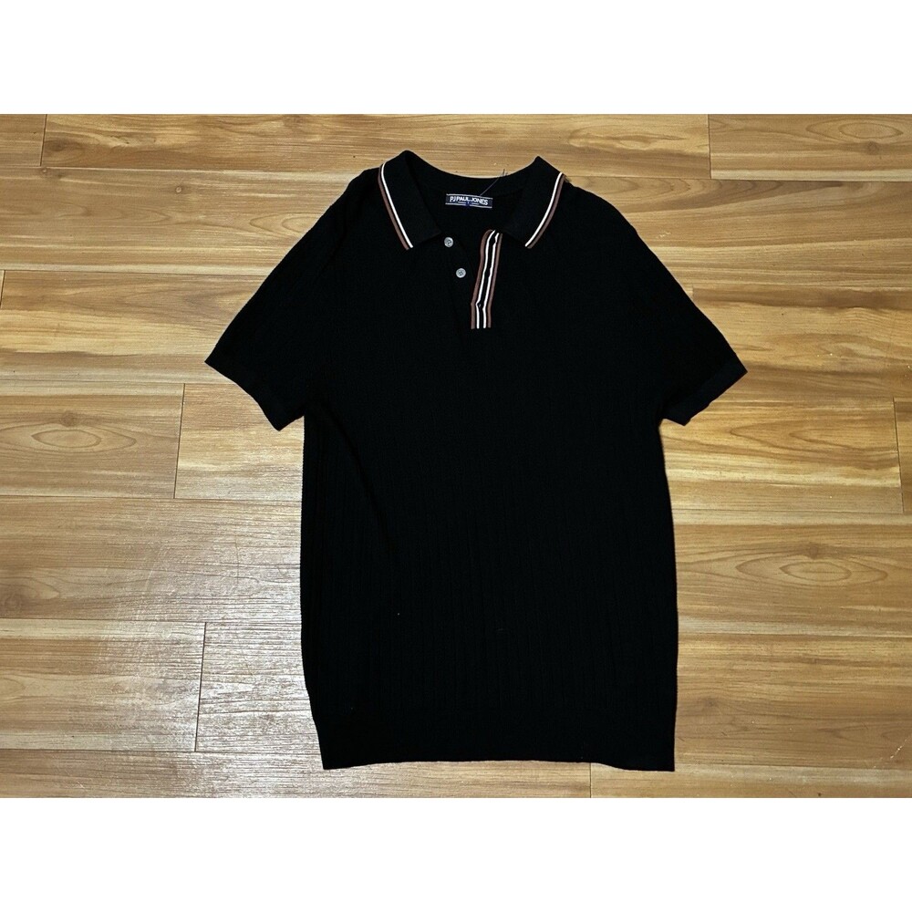 Puritan Jones Men’s Black Polo Shirt Short Sleeve Striped Collar Casual